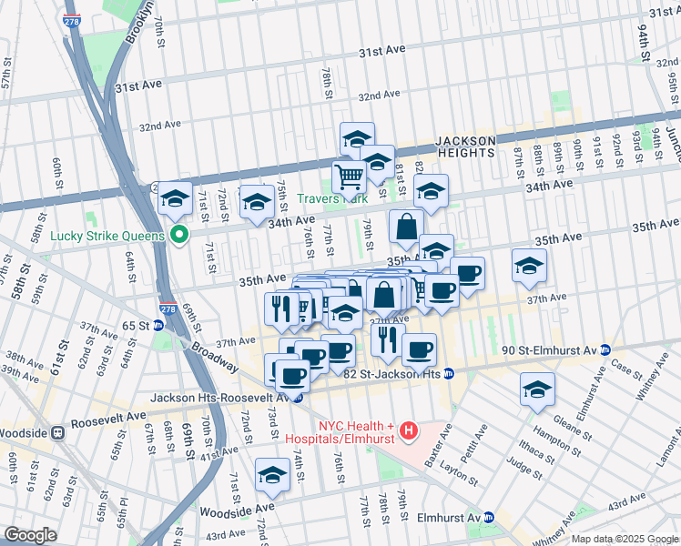 map of restaurants, bars, coffee shops, grocery stores, and more near 35-24 78th Street in Queens