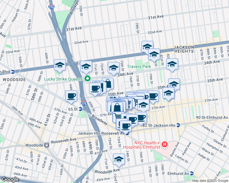 map of restaurants, bars, coffee shops, grocery stores, and more near 35-02 73rd Street in Queens