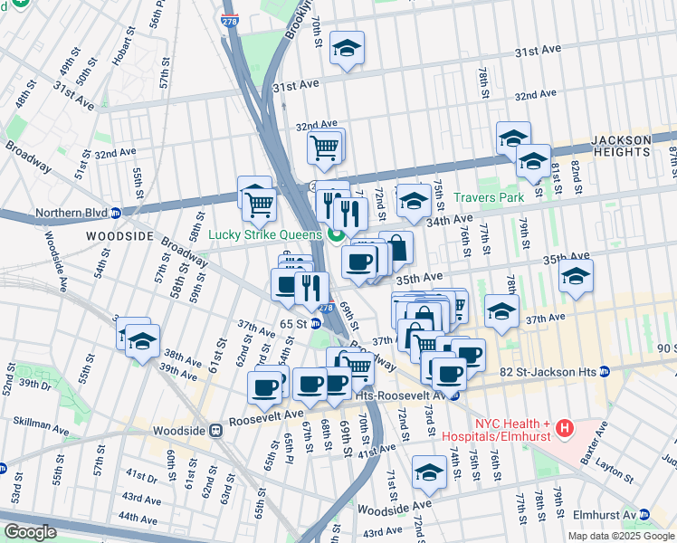 map of restaurants, bars, coffee shops, grocery stores, and more near in Queens