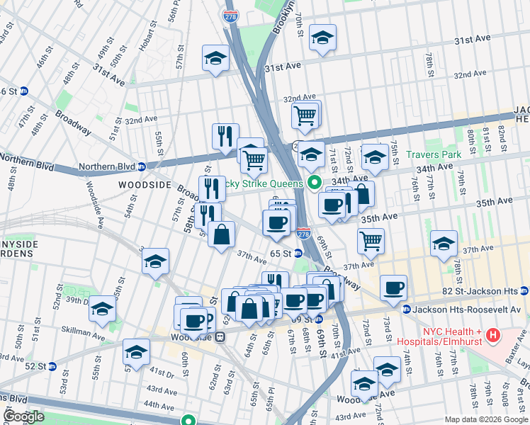 map of restaurants, bars, coffee shops, grocery stores, and more near 34-62 64th Street in Queens