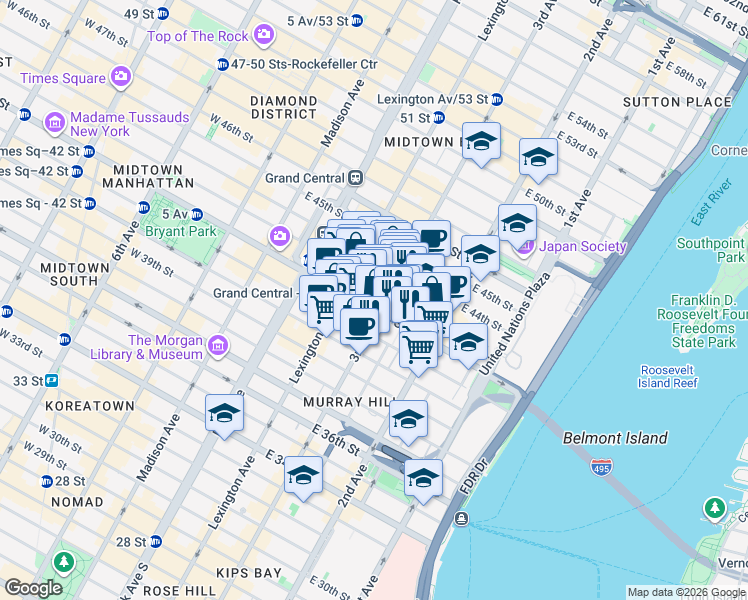 map of restaurants, bars, coffee shops, grocery stores, and more near 150 East 42nd Street in New York