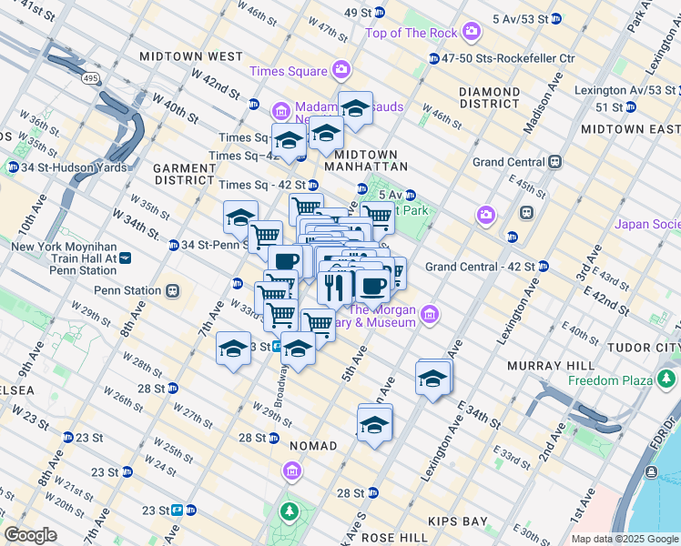 map of restaurants, bars, coffee shops, grocery stores, and more near 60 West 36th Street in New York