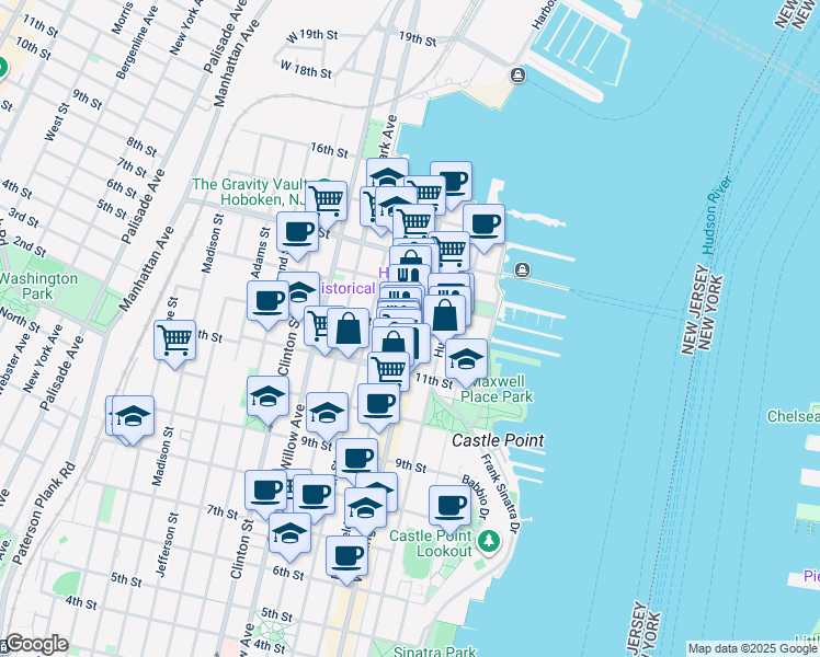 map of restaurants, bars, coffee shops, grocery stores, and more near 1117 Washington Street in Hoboken