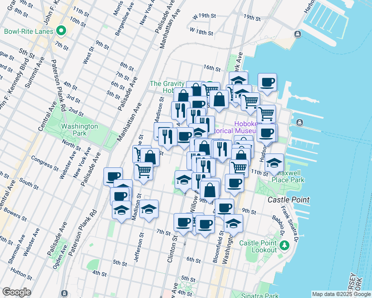 map of restaurants, bars, coffee shops, grocery stores, and more near 1035 Grand Street in Hoboken