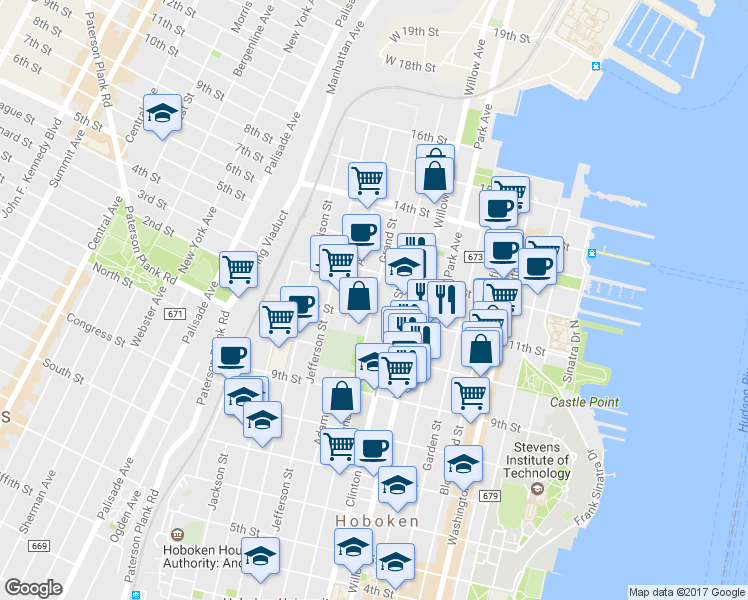 map of restaurants, bars, coffee shops, grocery stores, and more near 1021 Grand Street in Hoboken