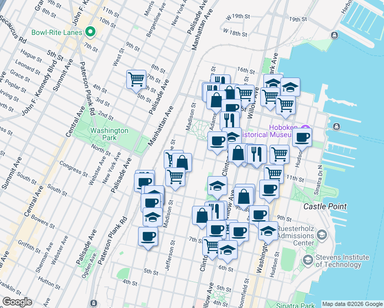 map of restaurants, bars, coffee shops, grocery stores, and more near 1024 Adams Street in Hoboken