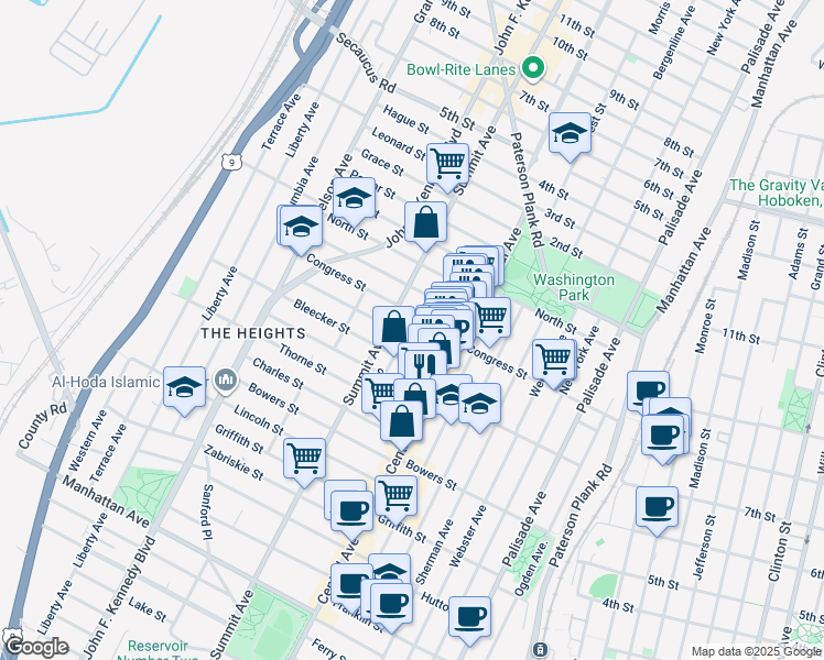 map of restaurants, bars, coffee shops, grocery stores, and more near 21 Paterson Street in Jersey City