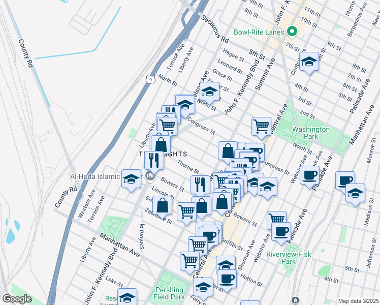 map of restaurants, bars, coffee shops, grocery stores, and more near 106 Thorne Street in Jersey City