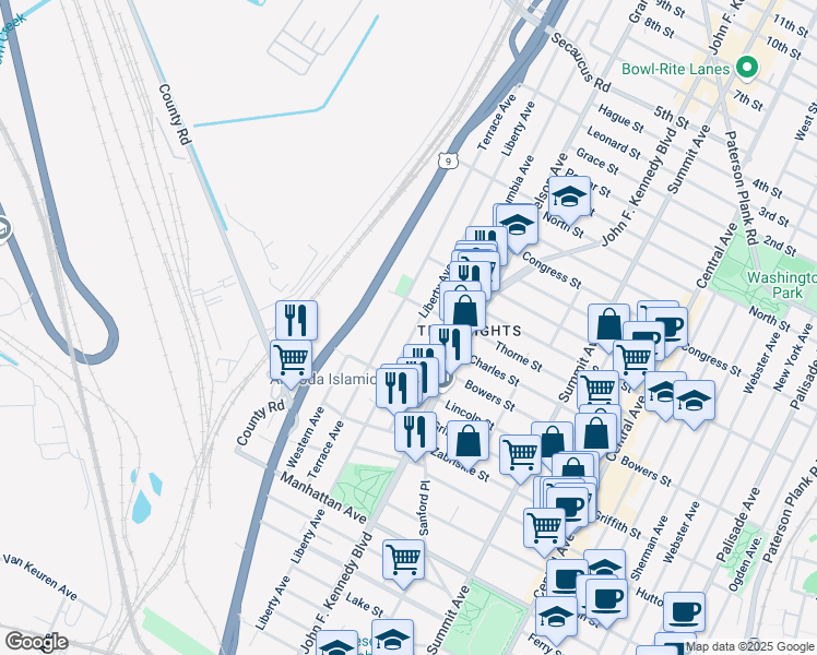 map of restaurants, bars, coffee shops, grocery stores, and more near 403 County Road 647 in Jersey City