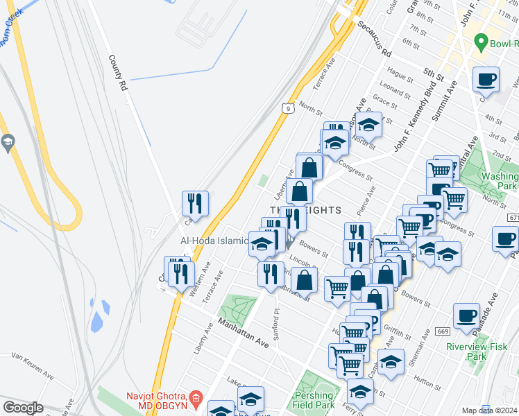 map of restaurants, bars, coffee shops, grocery stores, and more near 403 County Road 647 in Jersey City