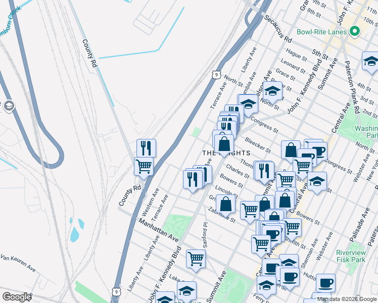 map of restaurants, bars, coffee shops, grocery stores, and more near 403 County Road 647 in Jersey City