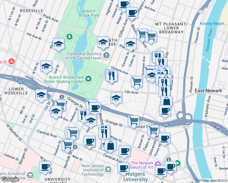 map of restaurants, bars, coffee shops, grocery stores, and more near 1-27 Colonnade Place in Newark