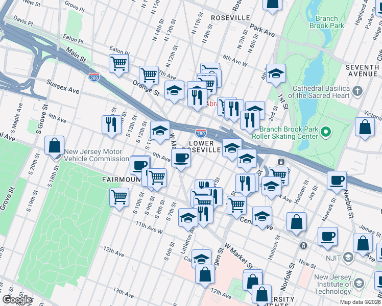 map of restaurants, bars, coffee shops, grocery stores, and more near 26 North 7th Street in Newark