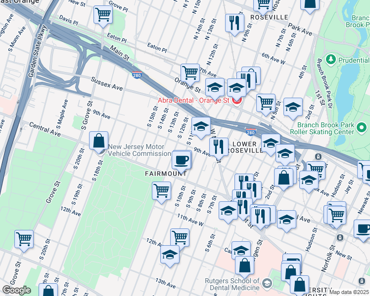 map of restaurants, bars, coffee shops, grocery stores, and more near 77 South 10th Street in Newark