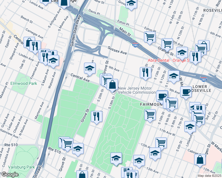 map of restaurants, bars, coffee shops, grocery stores, and more near 183-193 South 18th Street in East Orange