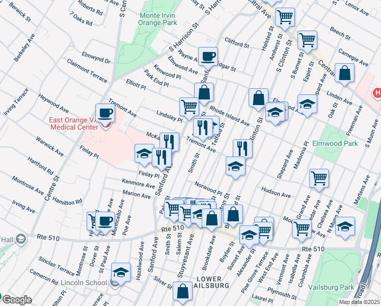 map of restaurants, bars, coffee shops, grocery stores, and more near 37 Smith Street in Newark