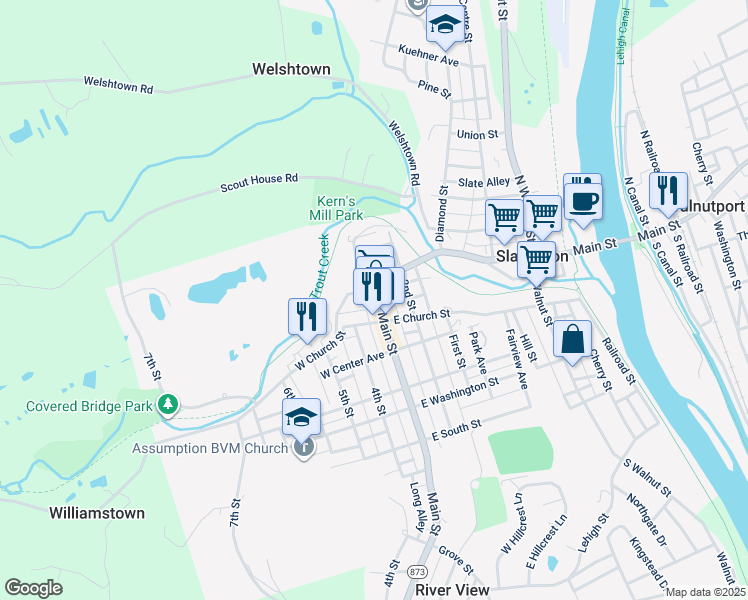 map of restaurants, bars, coffee shops, grocery stores, and more near 318 West Church Street in Slatington