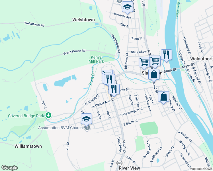 map of restaurants, bars, coffee shops, grocery stores, and more near 318 West Church Street in Slatington