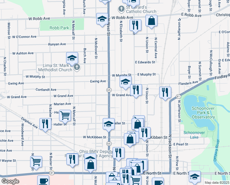 map of restaurants, bars, coffee shops, grocery stores, and more near 225 W Grand Ave in Lima