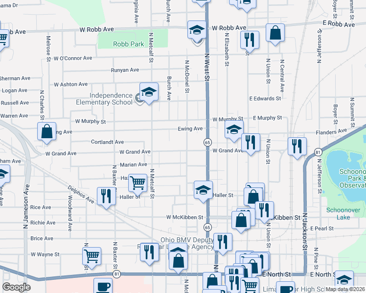 map of restaurants, bars, coffee shops, grocery stores, and more near 410 Marian Avenue in Lima