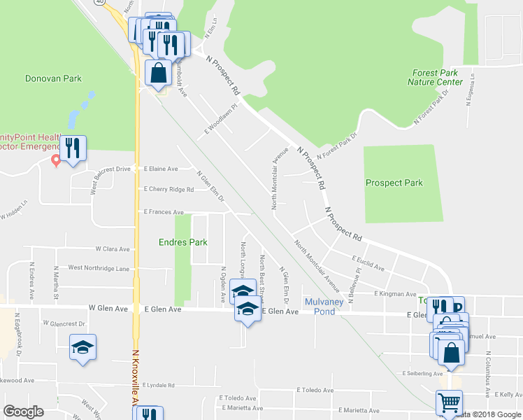 map of restaurants, bars, coffee shops, grocery stores, and more near 5122 North Glen Elm Drive in Peoria Heights