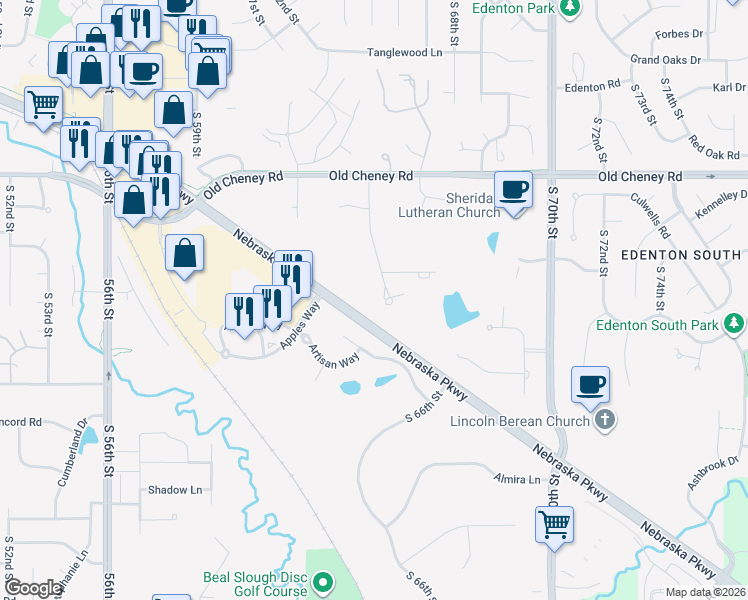 map of restaurants, bars, coffee shops, grocery stores, and more near 6200 Frontier Road in Lincoln