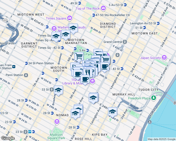 map of restaurants, bars, coffee shops, grocery stores, and more near 19 East 38th Street in New York