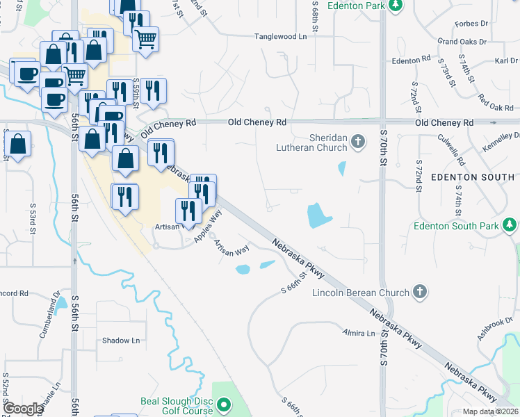 map of restaurants, bars, coffee shops, grocery stores, and more near 6200 Frontier Road in Lincoln
