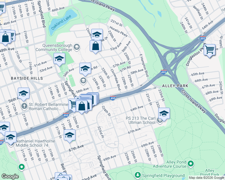 map of restaurants, bars, coffee shops, grocery stores, and more near 22486 Horace Harding Expressway in Queens