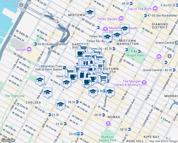 map of restaurants, bars, coffee shops, grocery stores, and more near 205 West 34th Street in New York