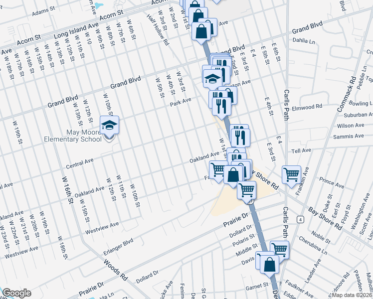 map of restaurants, bars, coffee shops, grocery stores, and more near 268 West 4th Street in Deer Park