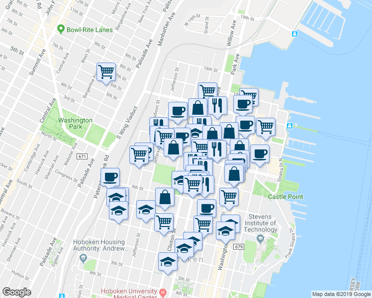 map of restaurants, bars, coffee shops, grocery stores, and more near 1035 Grand Street in Hoboken