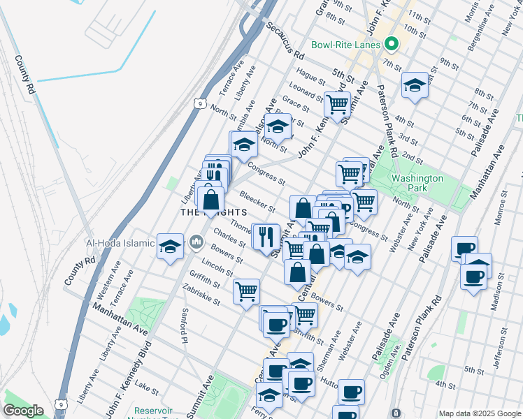map of restaurants, bars, coffee shops, grocery stores, and more near 186-188 South Street in Jersey City