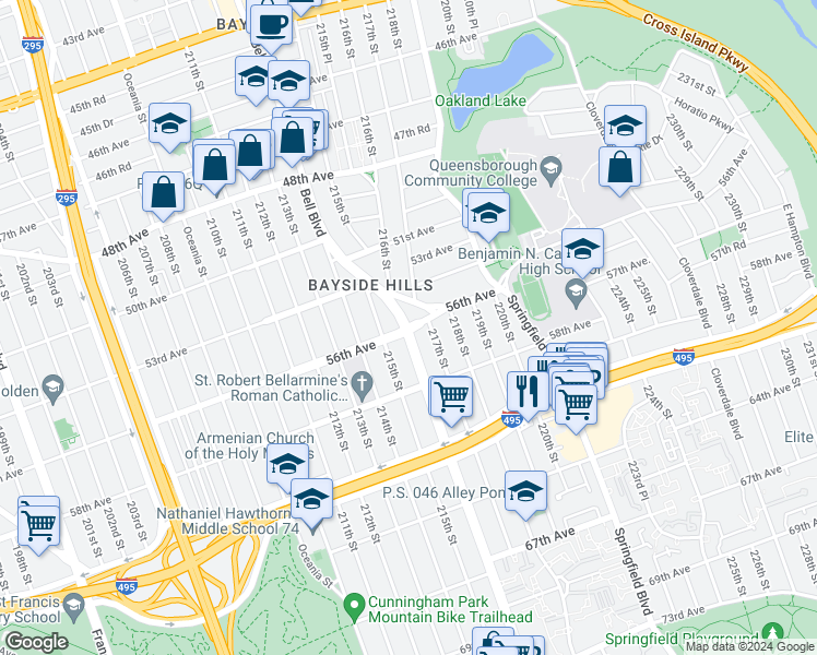map of restaurants, bars, coffee shops, grocery stores, and more near 5349 Bell Boulevard in Queens