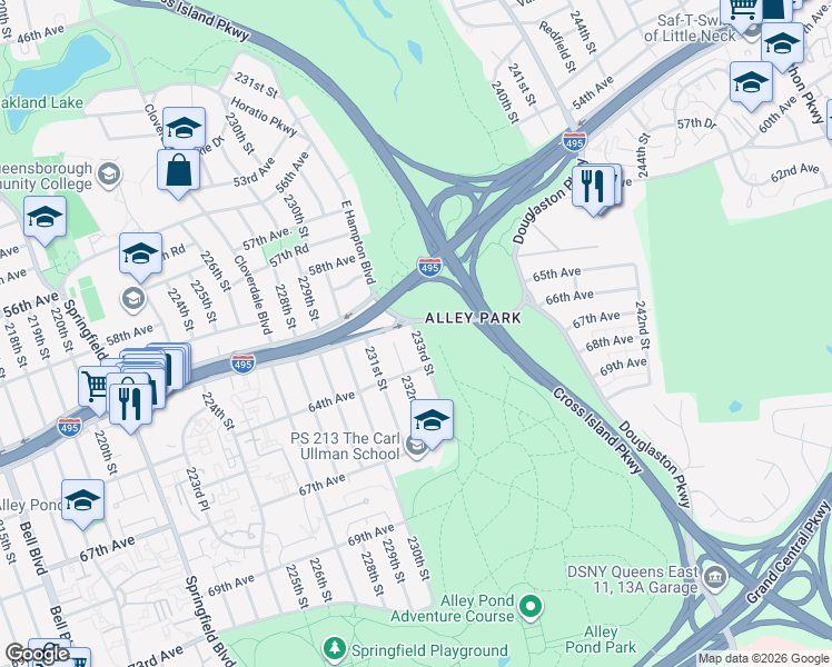 map of restaurants, bars, coffee shops, grocery stores, and more near 61-16 233rd Street in Queens