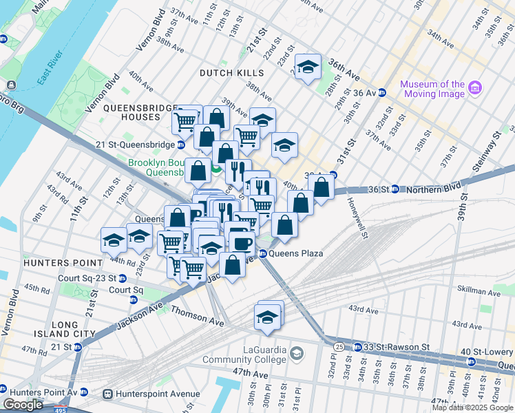 map of restaurants, bars, coffee shops, grocery stores, and more near 28-01 41st Avenue in Queens