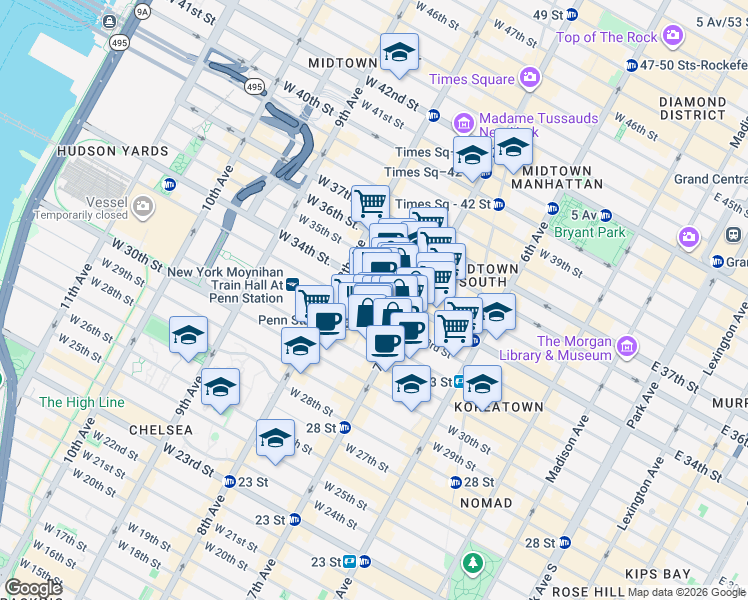 map of restaurants, bars, coffee shops, grocery stores, and more near 1 Pennsylvania Plaza in New York