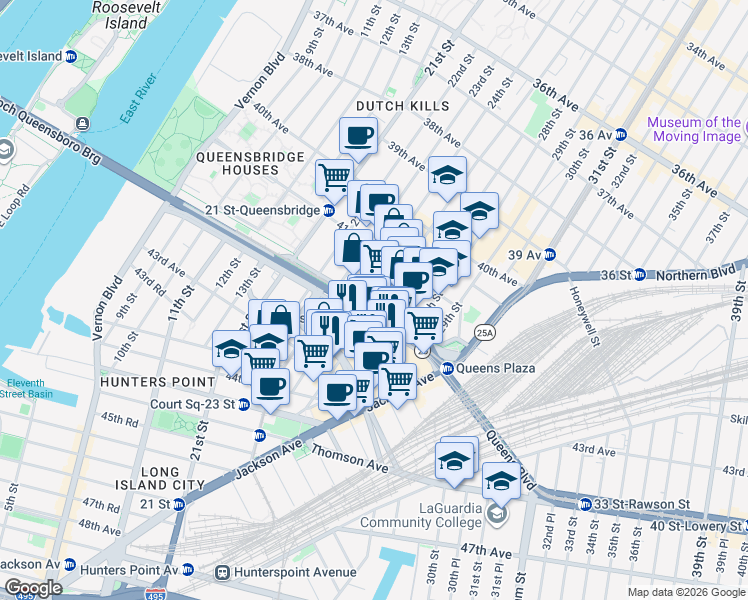 map of restaurants, bars, coffee shops, grocery stores, and more near 24-15 Queens Plaza North in Queens