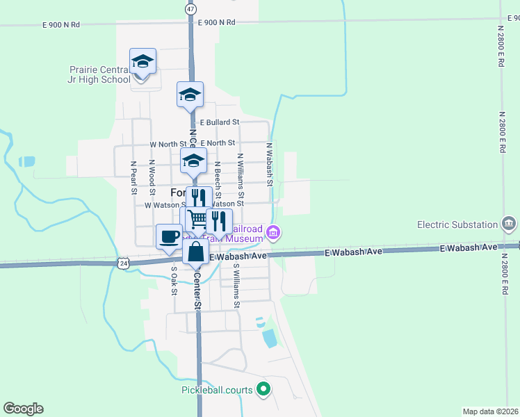 map of restaurants, bars, coffee shops, grocery stores, and more near 319 East John Street in Forrest