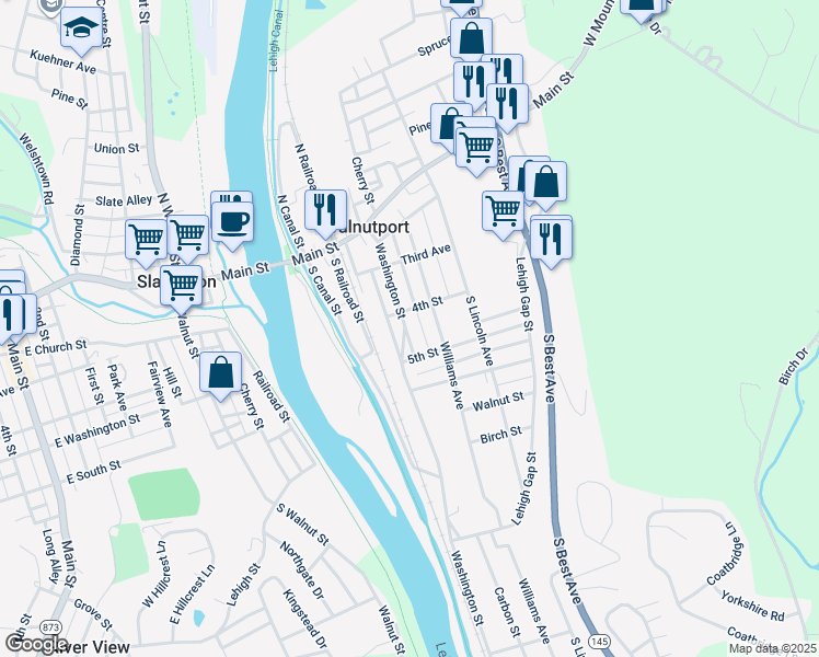 map of restaurants, bars, coffee shops, grocery stores, and more near 411 Washington Street in Walnutport
