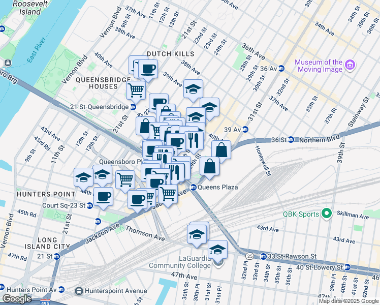 map of restaurants, bars, coffee shops, grocery stores, and more near 41-43 41st Avenue in Queens