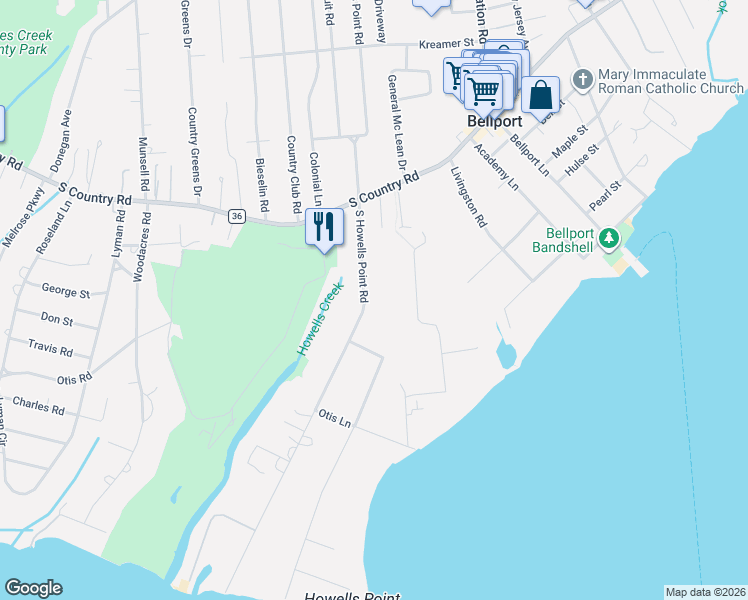 map of restaurants, bars, coffee shops, grocery stores, and more near 24 South Howells Point Road in Bellport