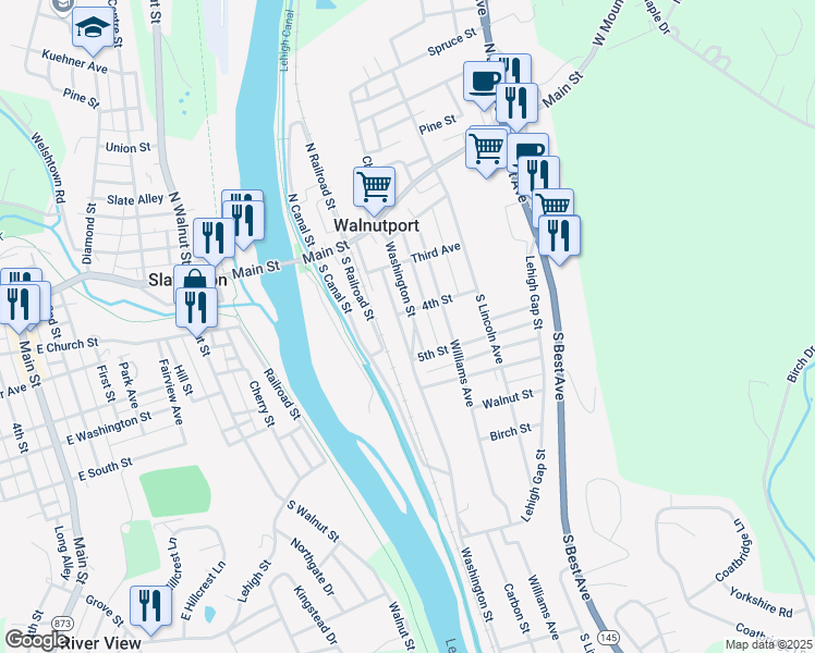 map of restaurants, bars, coffee shops, grocery stores, and more near 29 Washington Spur in Walnutport