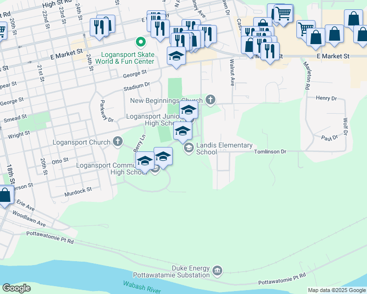 map of restaurants, bars, coffee shops, grocery stores, and more near 1 Landis Lane in Logansport