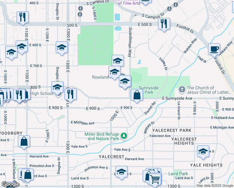 map of restaurants, bars, coffee shops, grocery stores, and more near 1512 Sunnyside Avenue South in Salt Lake City