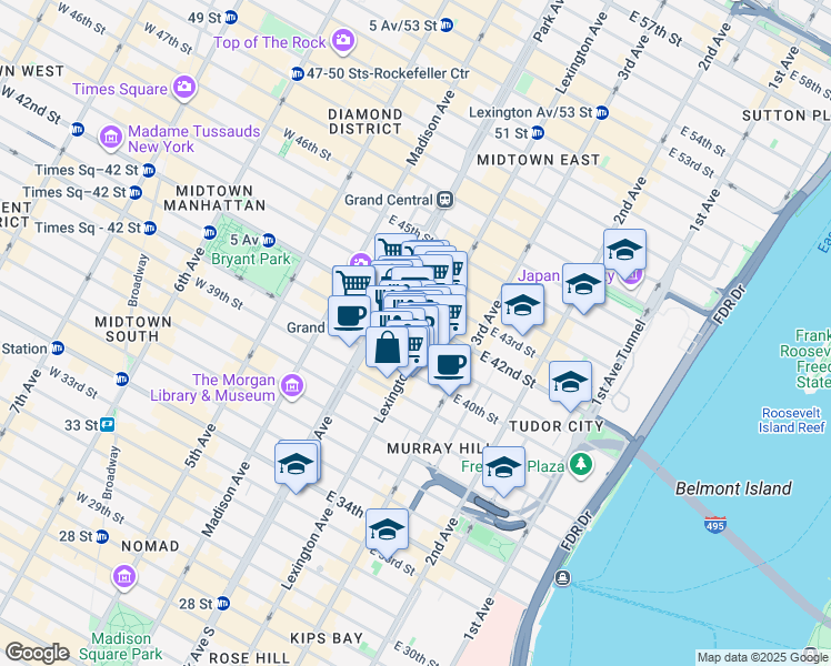 map of restaurants, bars, coffee shops, grocery stores, and more near 360 Lexington Avenue in New York