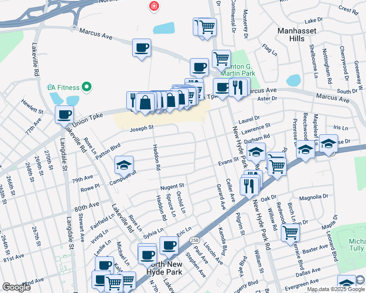 map of restaurants, bars, coffee shops, grocery stores, and more near 94 Lahey Street in New Hyde Park