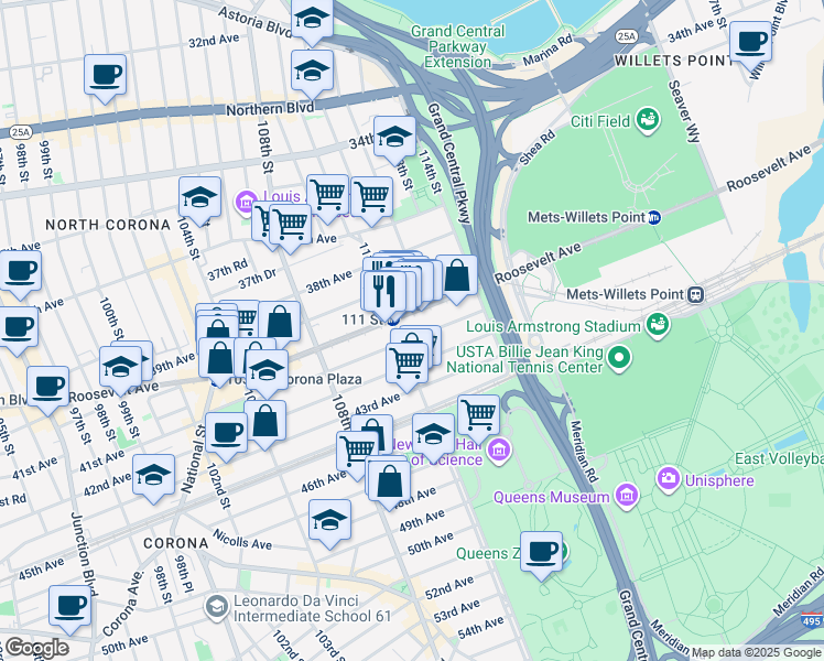 map of restaurants, bars, coffee shops, grocery stores, and more near 41-12 111th Street in Queens