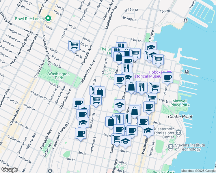 map of restaurants, bars, coffee shops, grocery stores, and more near 1100 Adams Street in Hoboken