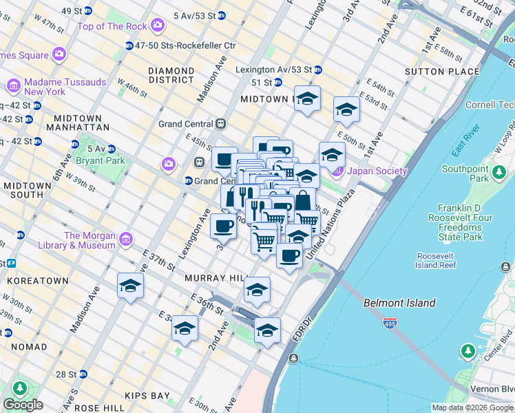 map of restaurants, bars, coffee shops, grocery stores, and more near 211 East 43rd Street in New York